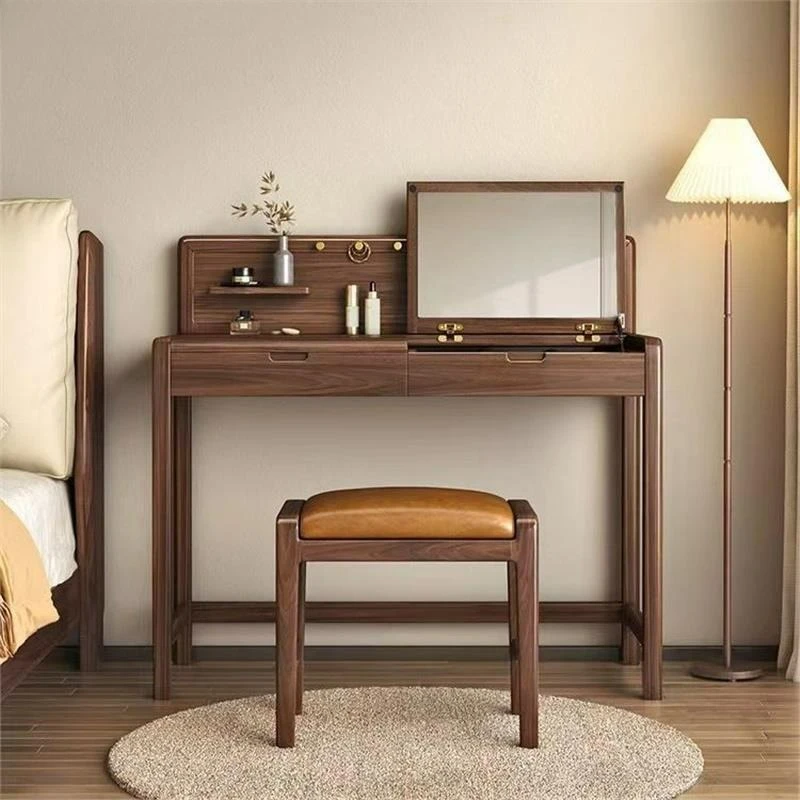 

Customizable Nordic solid wood dresser simple makeup table storage clamshell integrated black walnut