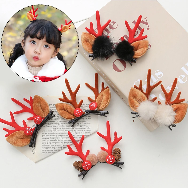 2pcs/set Christmas Hair Clips Cute Deer Ear Antlers Hairpins Barrettes Kids Santa Claus Snowman Hair Accessories For Christmas