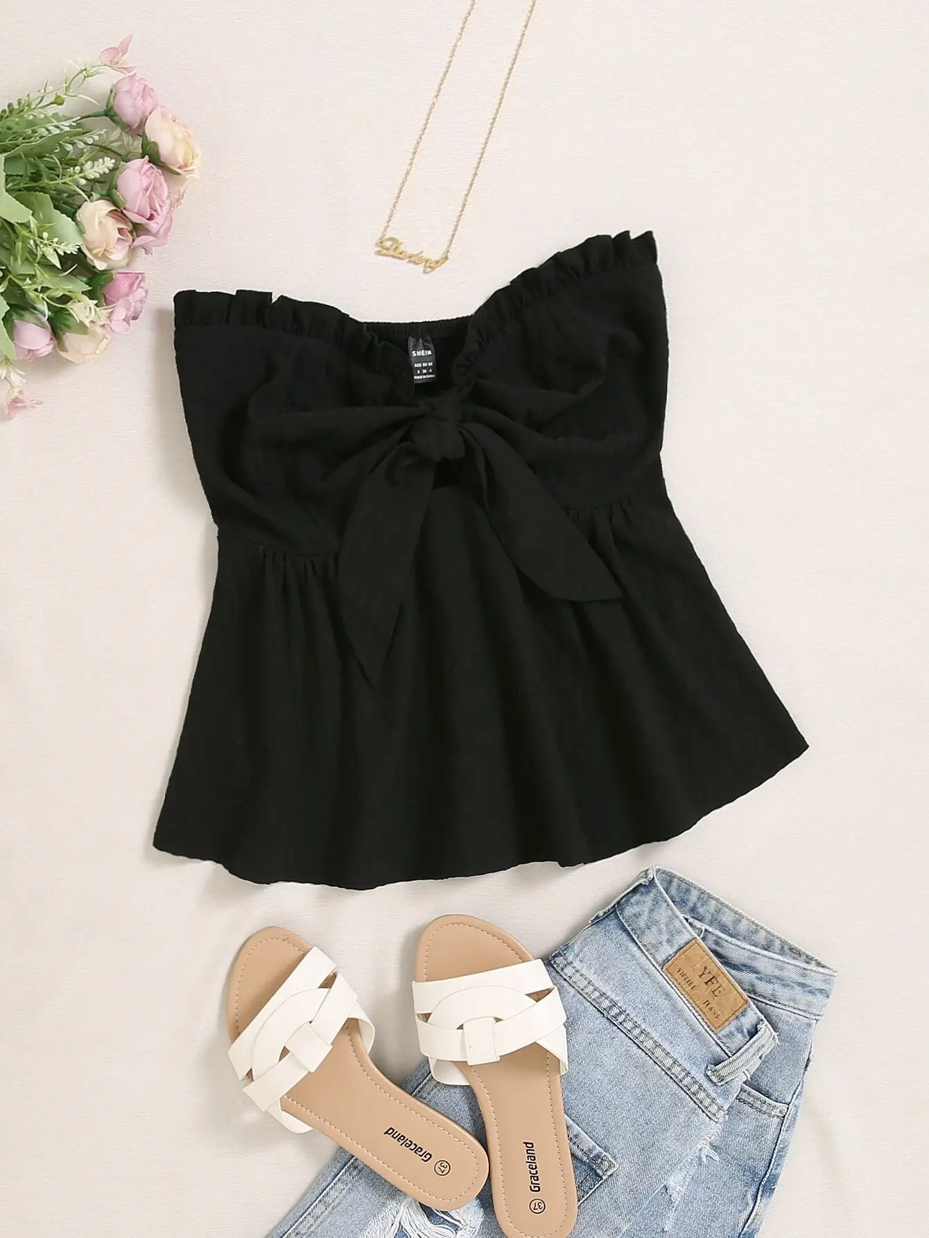 

Black Bow Front Ruffle Trim Tube Top for Summer Casual Wear