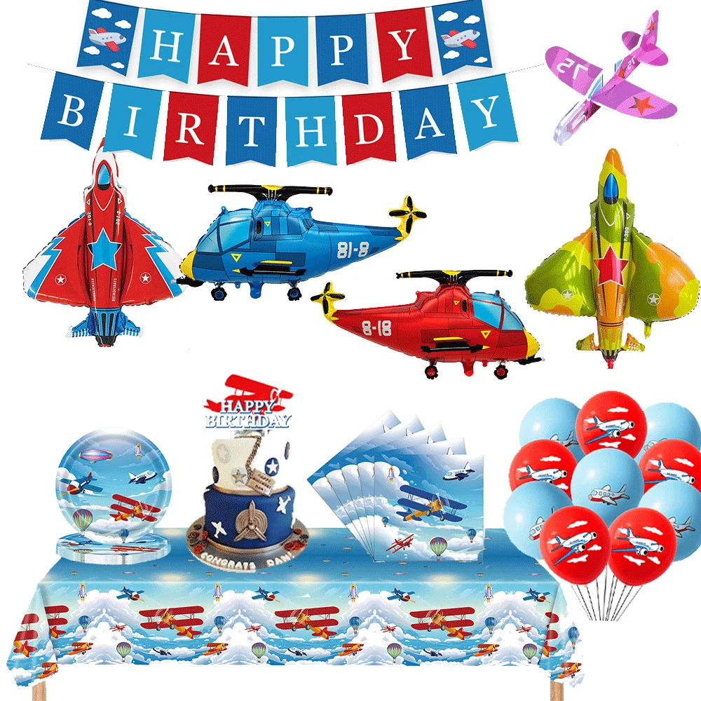 Aircraft Pilot Disposable Tableware Party Decoration Standing 4D Helicopter Aluminum Foil Balloon Aircraft Toy Birthday Supplies