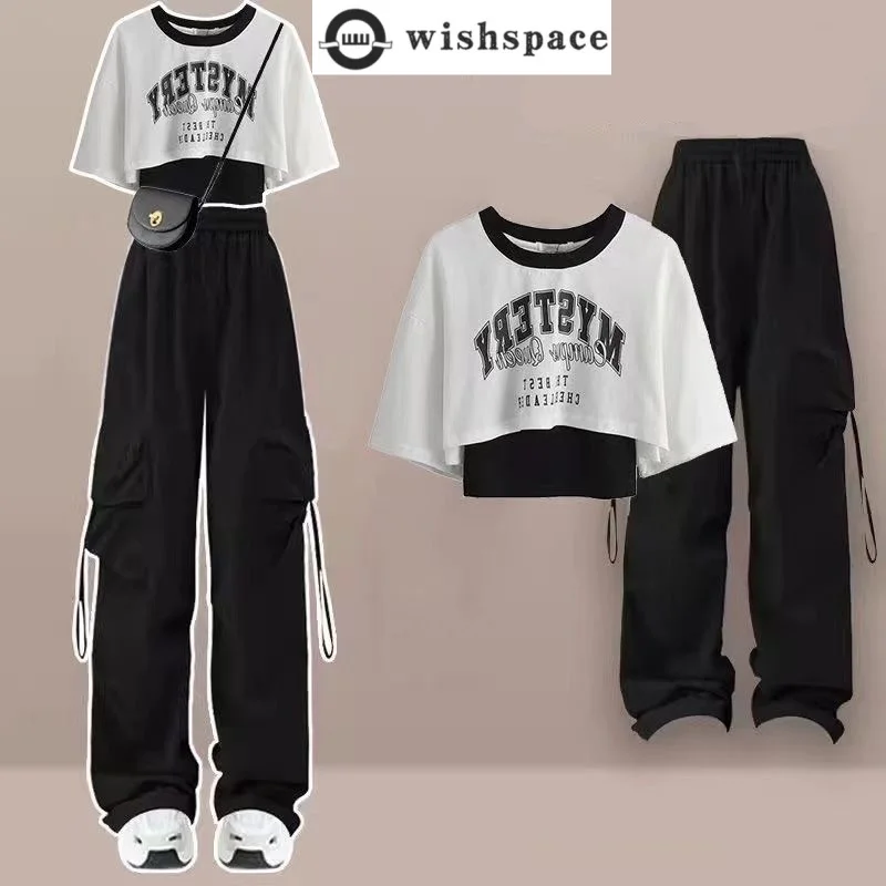 

Letter Print Splicing Short Sleeved T-shirt Top Loose Work Pants Two-piece Set Fashionable Women's College Style Full Set