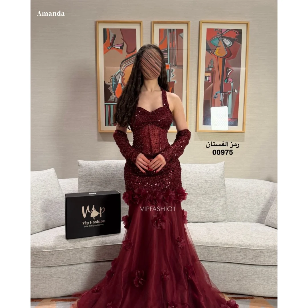 Amanda Customized Burgundy Halter Sequin Sheer Corset Prom Dress Matching Long Gloves 3D Floral Tulle Mermaid Skirt Slim Elegant