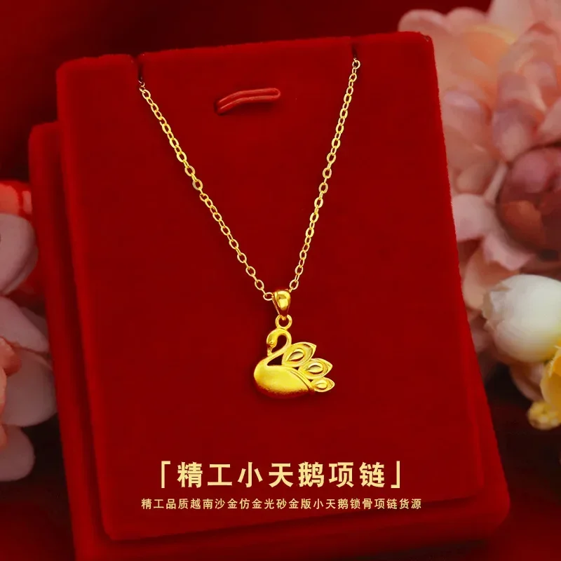 9999 Real Gold 24K Female Japan and Korea Little Swan Necklace Gold Cute Swan Clavicle Necklace