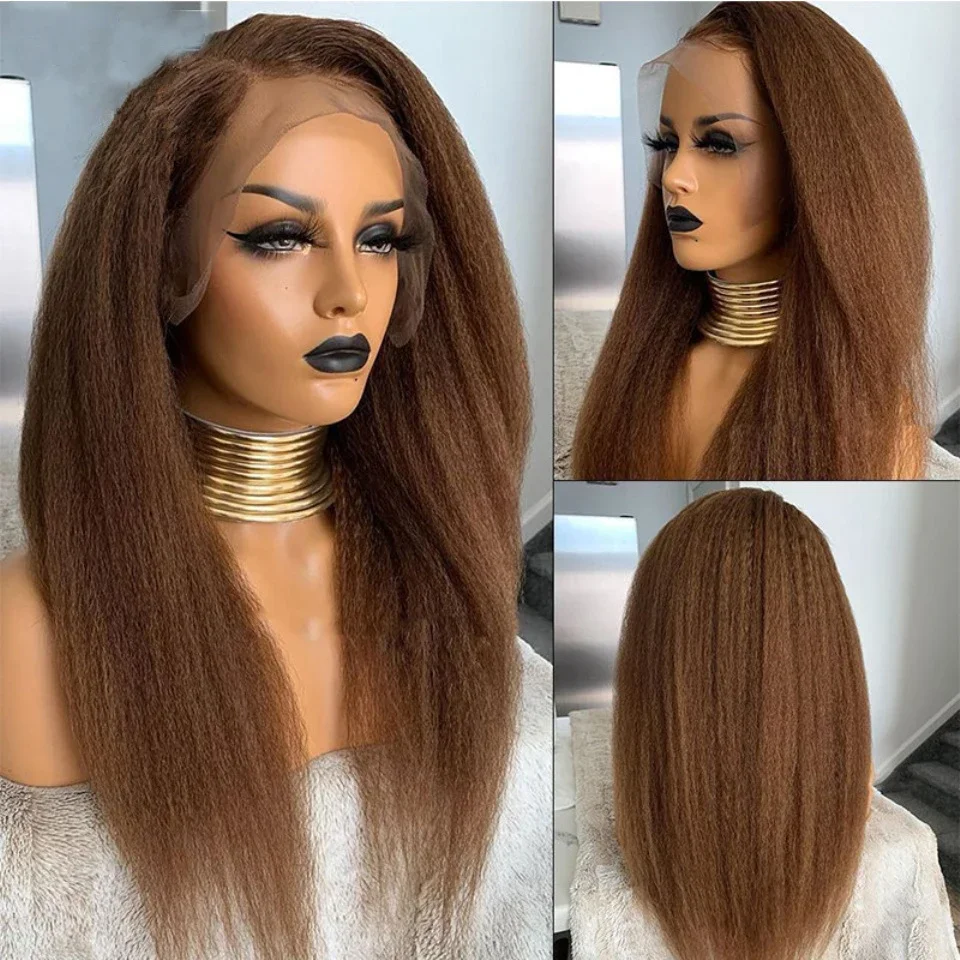 Brown Soft 28Inch  Yaki Long Kinky Straight 180 Density Lace Front Wig For Black Women With Baby Hair Preplucked Glueless Daily