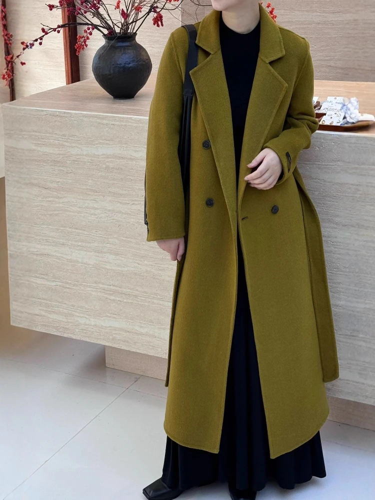 

Зимнее длинное шерстяное пальто, новинка 2025 года, двубортная длинная куртка с воротником-стойкой, элегантные утепленные двусторонние шерстяные парки на шнуровке