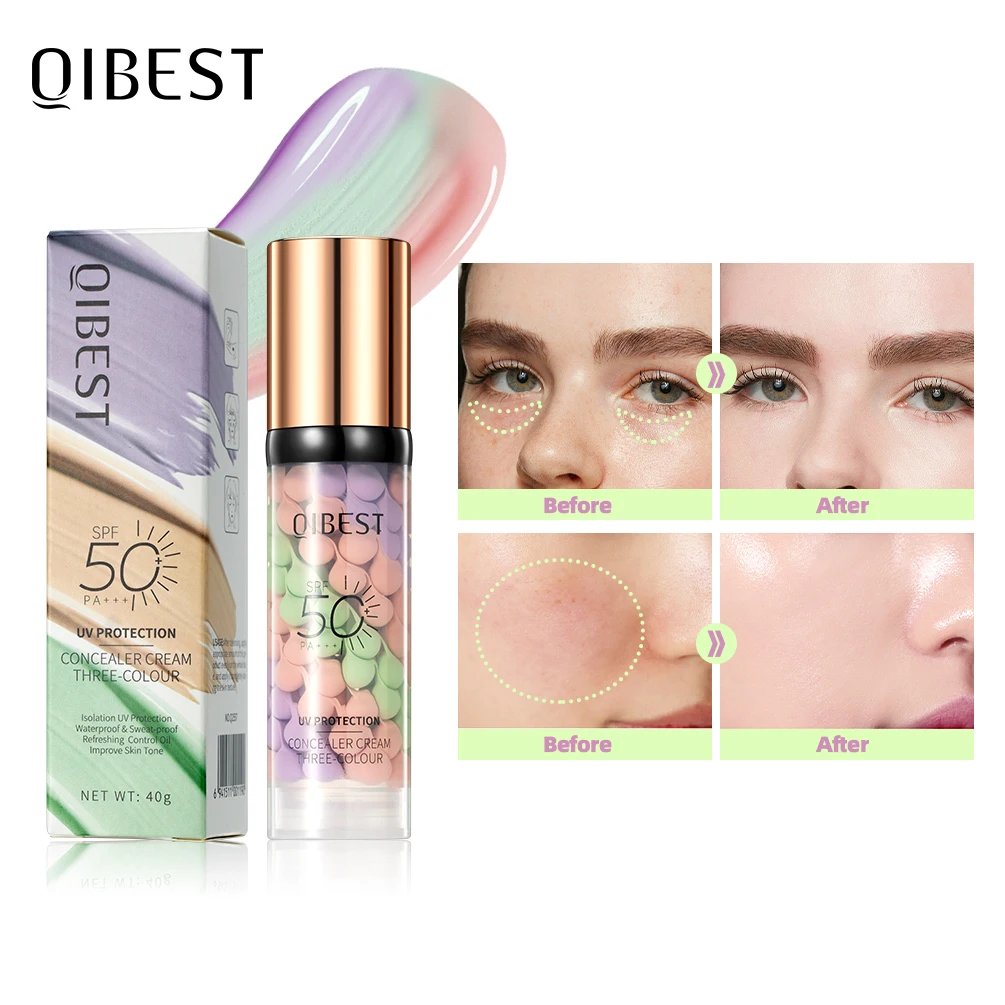 QIBEST Three Color Press Release Cream Concealer Isolate Makeup Facial Base Brightening Cream Liquid Concealer Face Primer