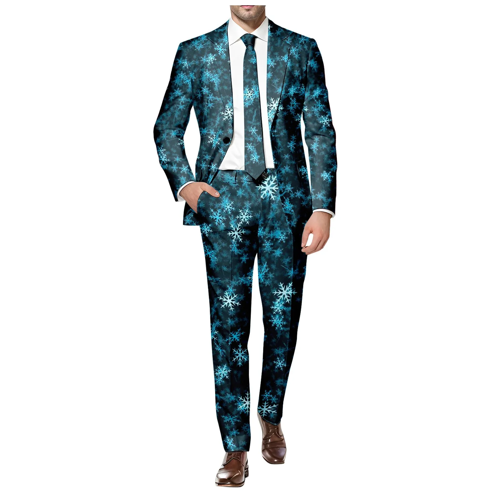 Snowflake Printed Christmas Slim Fit Comfy Suit Pants Set Men One Button Lapel Pocket Suits High Waist Trousers Two-Piece Suit