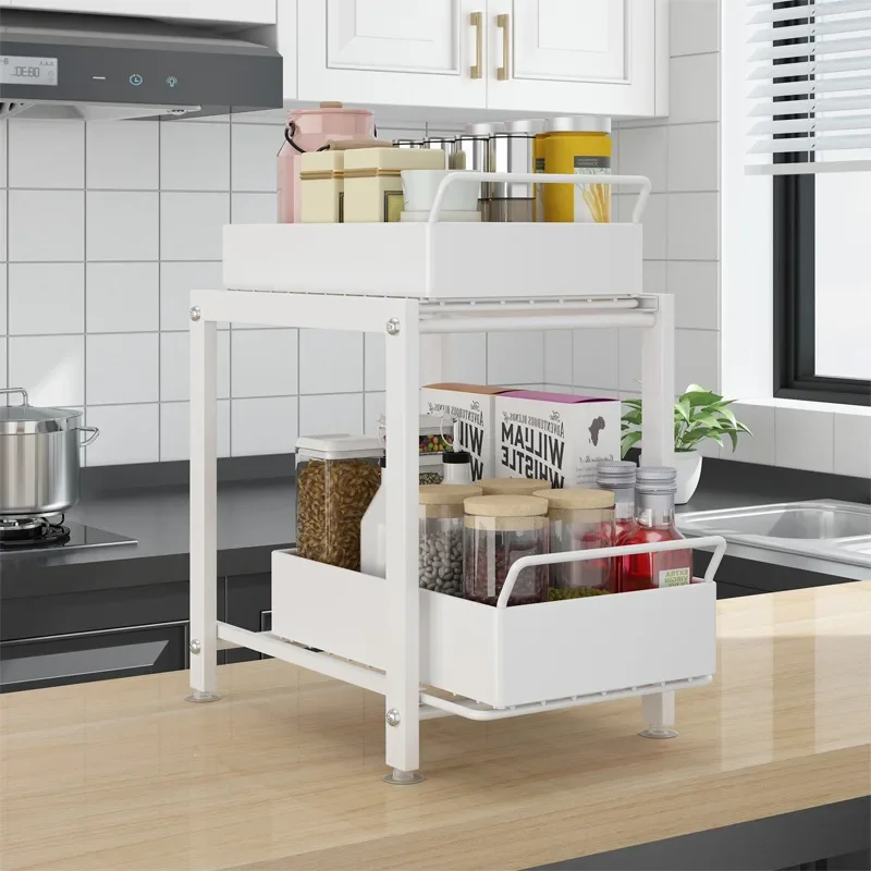 Under Sink Cabinet Organizer 2-Tiers Stackable Storage Shelf with Sliding Baskets Drawers for Kitchen Bathroom Kitchen Storage