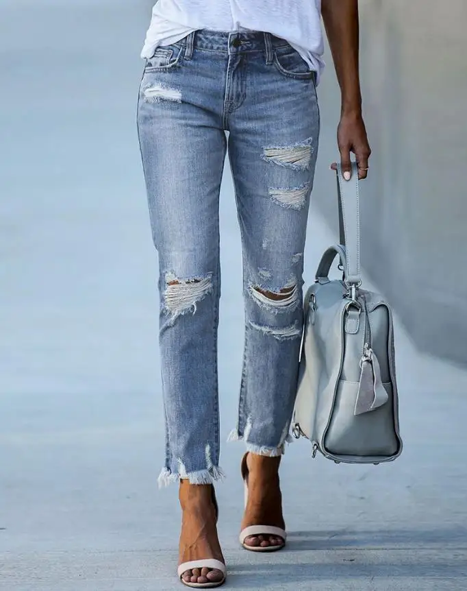 2023 New Pants for Women Fashion Denim Daily Plain Zipper Fly Cutout Ripped Raw Hem Cutout Washed Skinny Jeans