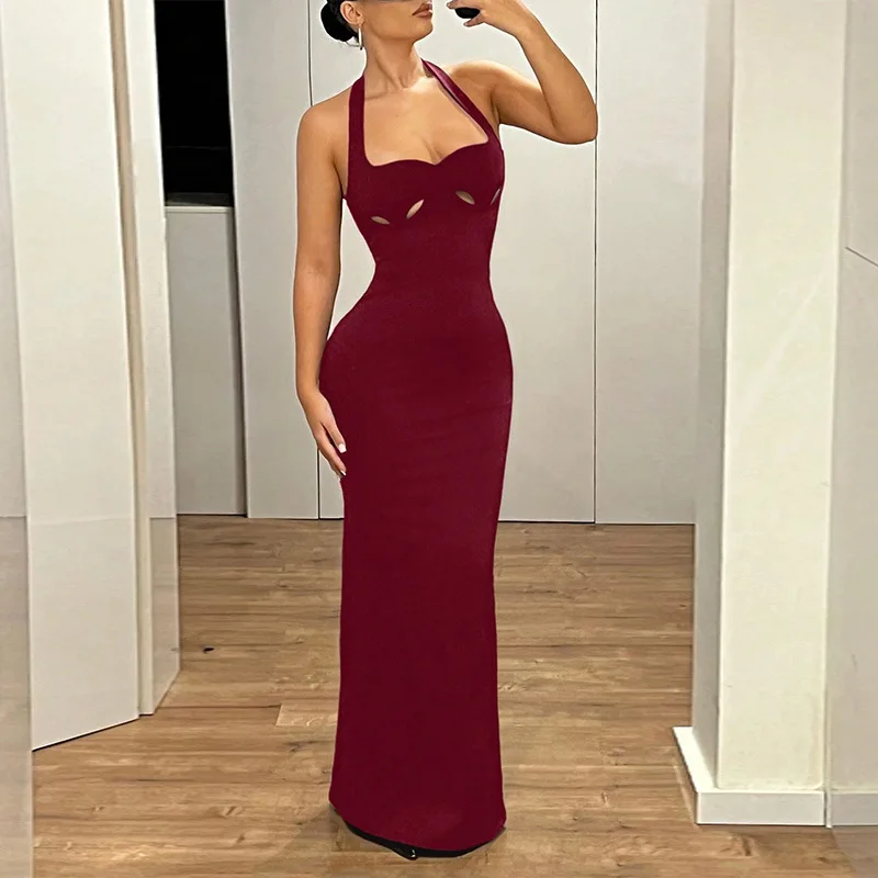 French Retro Hollow Out Sleeveless Dress Women Solid Slim Fit Bodycon Long Dress Jumpsuit Playsuit