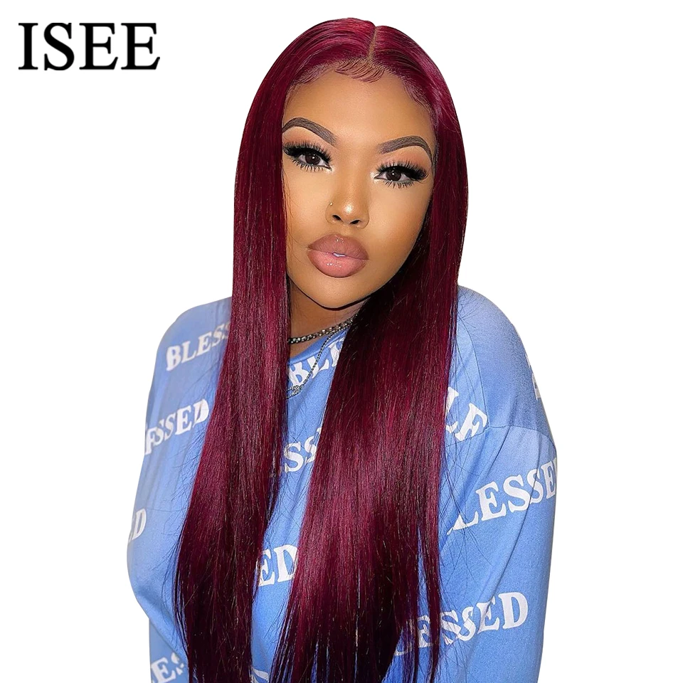 Wear And Go Glueless Human Hair Wig ISEE Peruvian Straight 99j Burgundy 6x4 Lace Glueless Human Hair Wig Ready To Wear Pre Cut