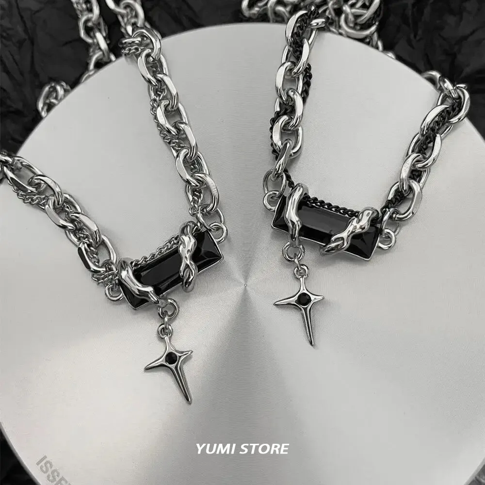 Titanium Steel Cross Star Necklace For Men Women Hip Hop Splice Black Zircon Pendant Sweater Chain Jewelry New Kpop Accessories