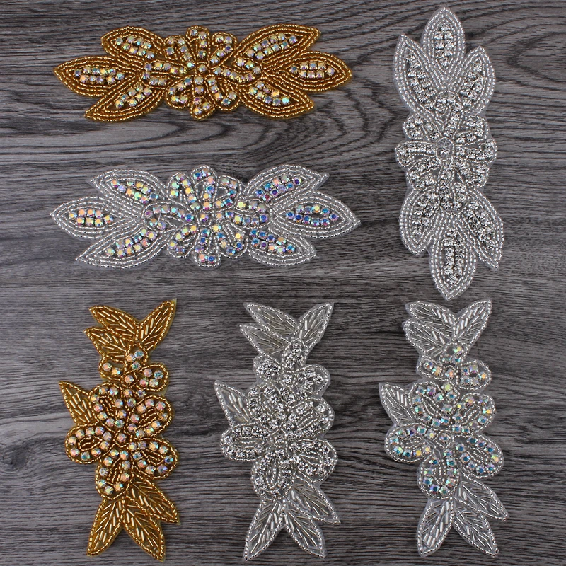 MASOKAN Handmade Bling Sew On Hot Fix Beaded Crystal AB Rhinestone Applique for Wedding Ornaments Baby Girl Hair Accessories
