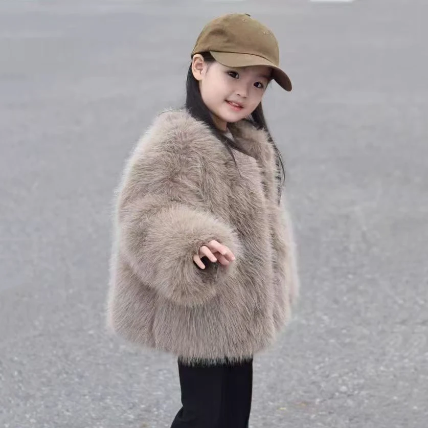 

Elegant Winter Thickened Girls Faux Fox Fur Jacket Kids Cotton Coat Outerwear Korean Long Sleeve Warm Children Overcoat Clothing
