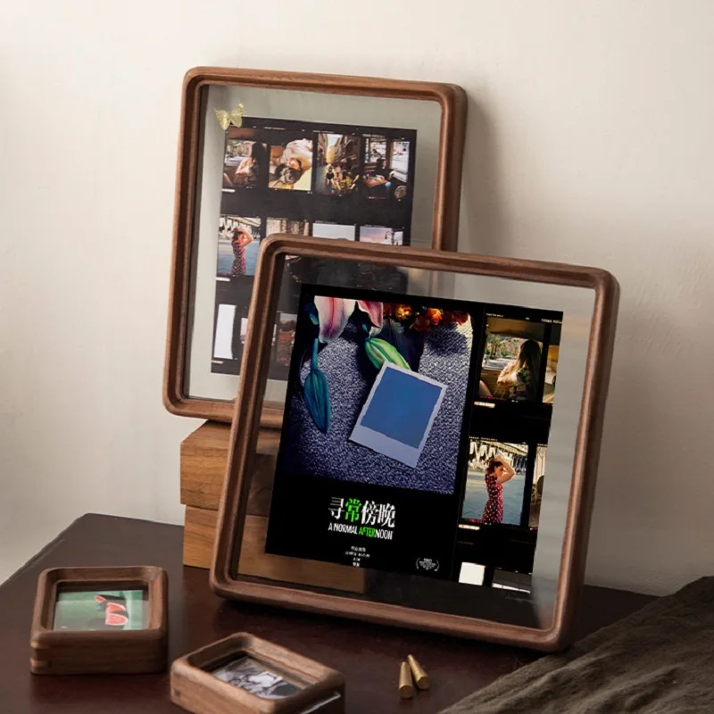 Walnut Wood Picture Frame Double-Sided Transparent Glass Display Frame for Photos Home Décor and Desk Decoration