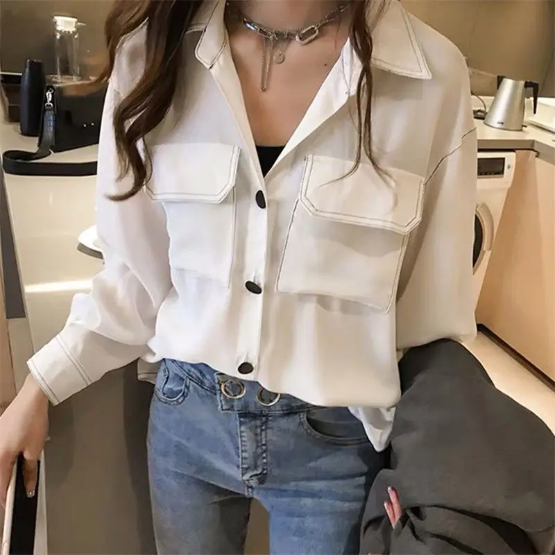 Clothes Chiffon Womens Shirt & Blouse Button Up Tops for Women Black Full Sleeves Collar Fashion 2024 Y2k Youthful Elegant Chic