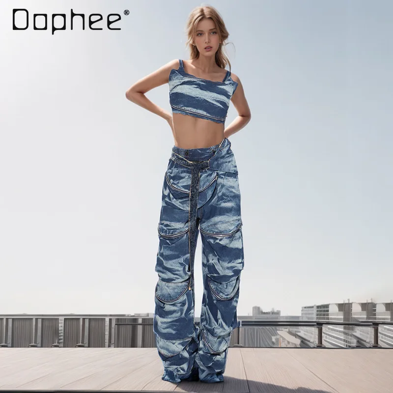 Tie-Dye Denim Pants Suit Two-Piece Set Streetwear 2024 Spring New Sexy Woman Short Printed Sling Top High Waist Pocket Overalls