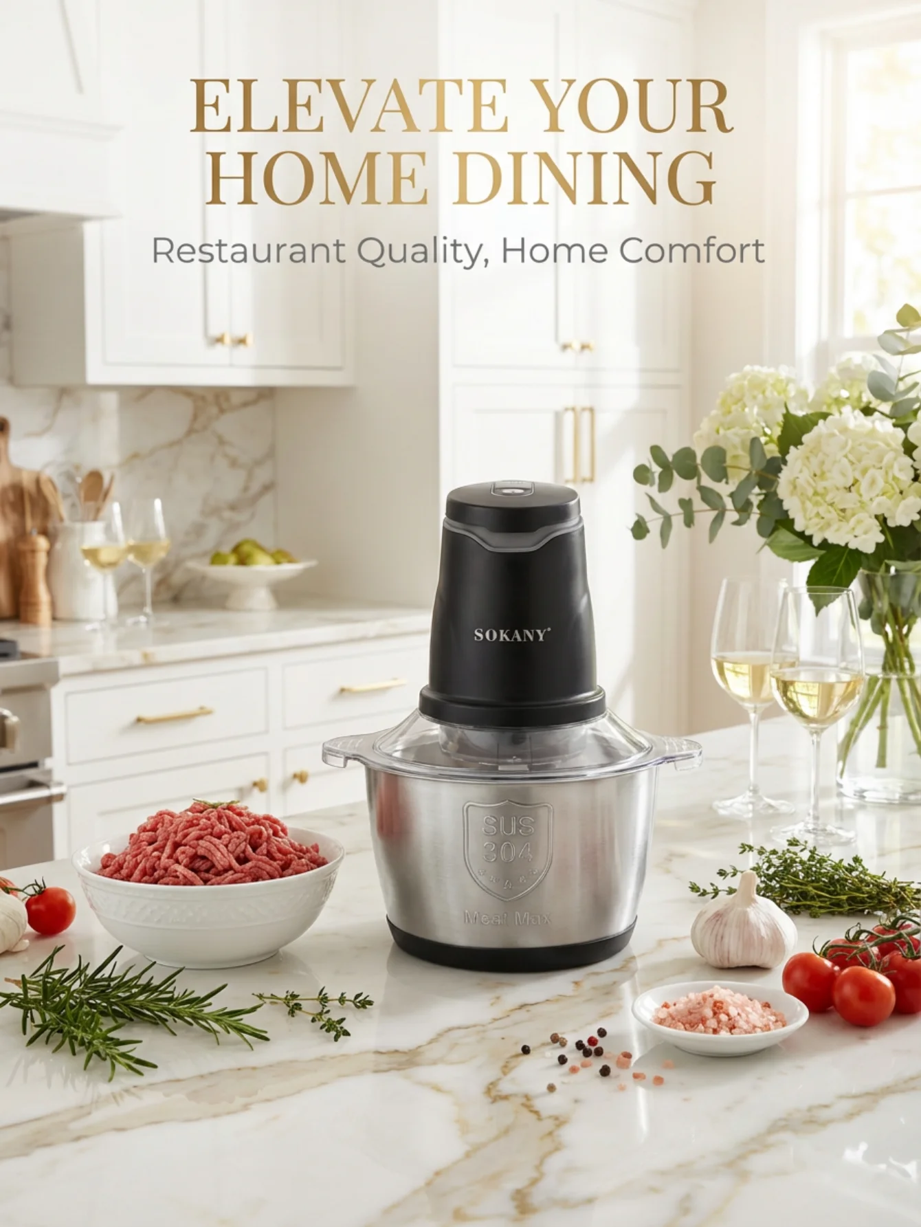 SOKANY7020  400W Electric Meat Grinder 2L 304 Stainless Steel Food Chopper 2‑Speed 4‑Blade Food Processor for Kitchen