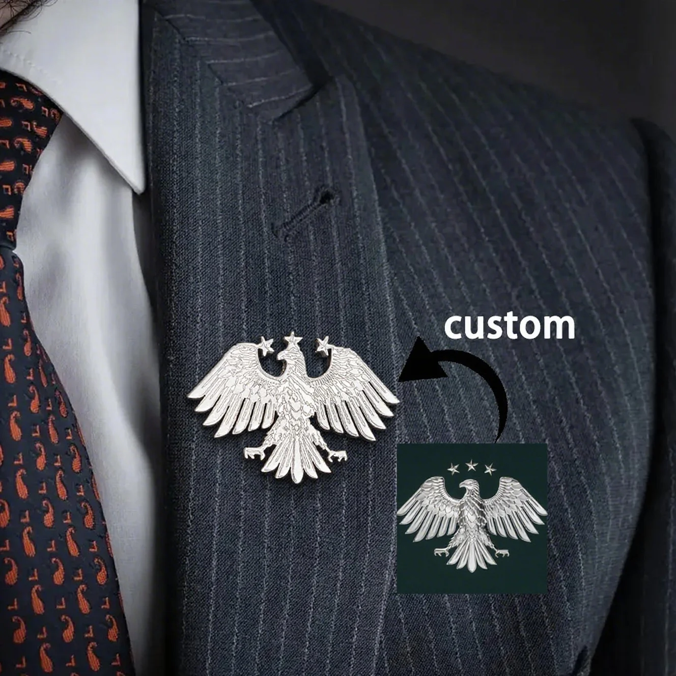 เข็มกลัดอินทรีแบบกำหนดเองสำหรับผู้ชายการปรับแต่งโลโก้ใดๆ เข็มกลัดสีทองสแตนเลสเครื่องประดับตกแต่งของขวัญวันเกิด