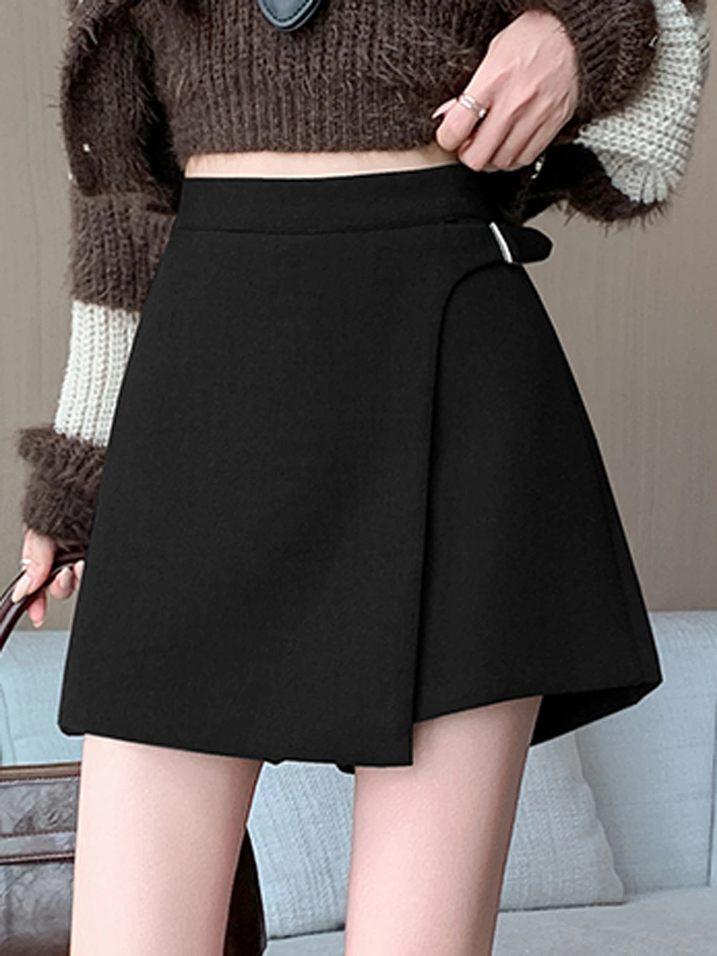 تنورة صوفية قصيرة رمادية عالية الخصر للنساء، تصميم جديد للخريف والشتاء، تنورة نحيفة عملية متعددة الاستخدامات على شكل حرف A