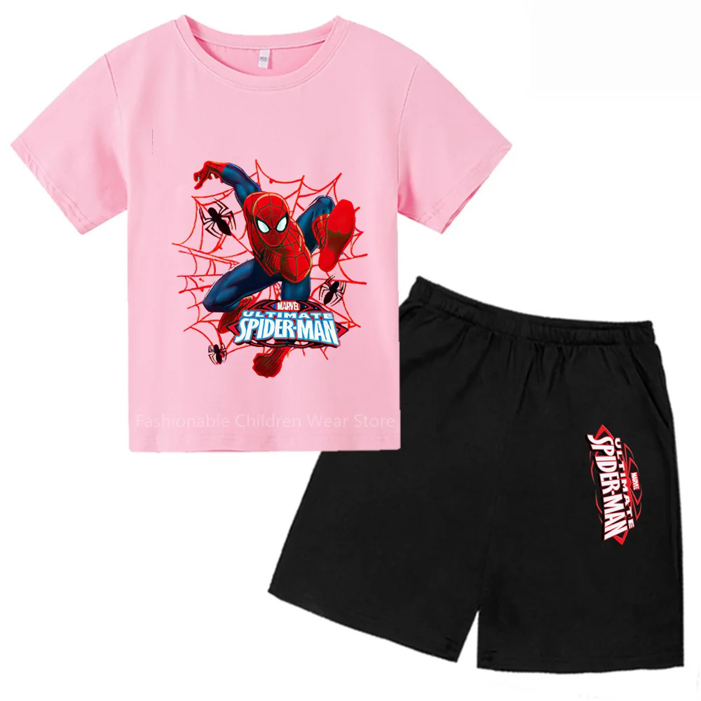 Marvelous Avengers Q-Edition Spider-Man Cartoon Design Kids' T-shirt and Shorts Duo - Chilly & Stylish for Summer Adventures