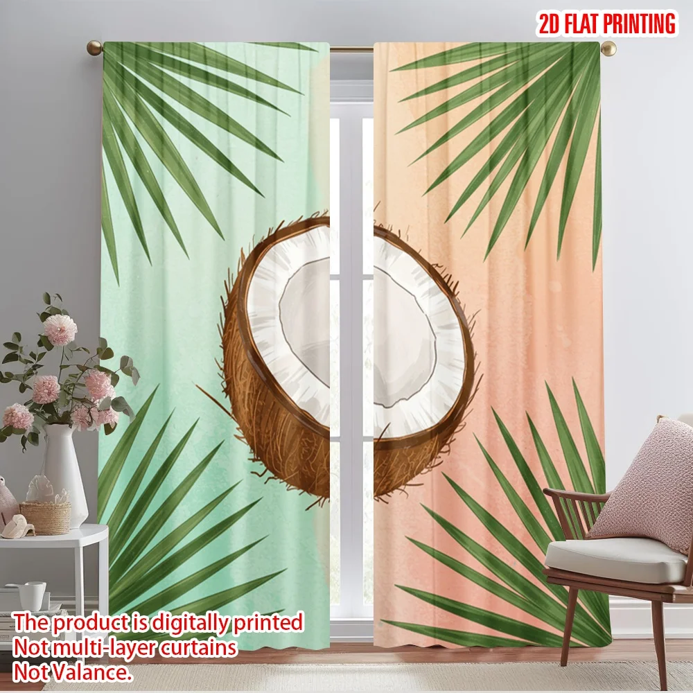 

2pcs 2D flat printing Party Curtains Tropical Coconut Palm Leaves Polyester Fabric Without Electricity Festive Holiday Use for