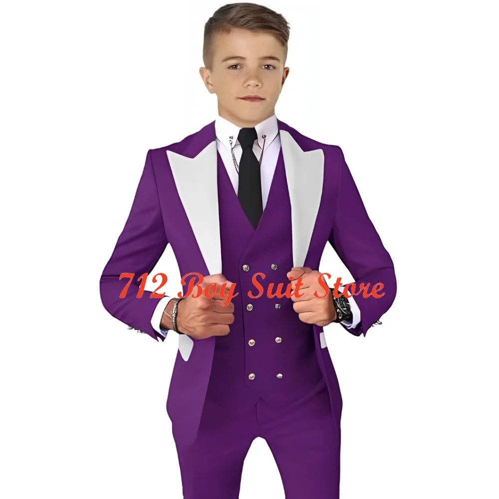 3 Piece Boy Suits Wedding Party Formal Slim Fit Suit Set Double Breasted Kids Tuxedo for Boys Blazer Jacket Vest Pants