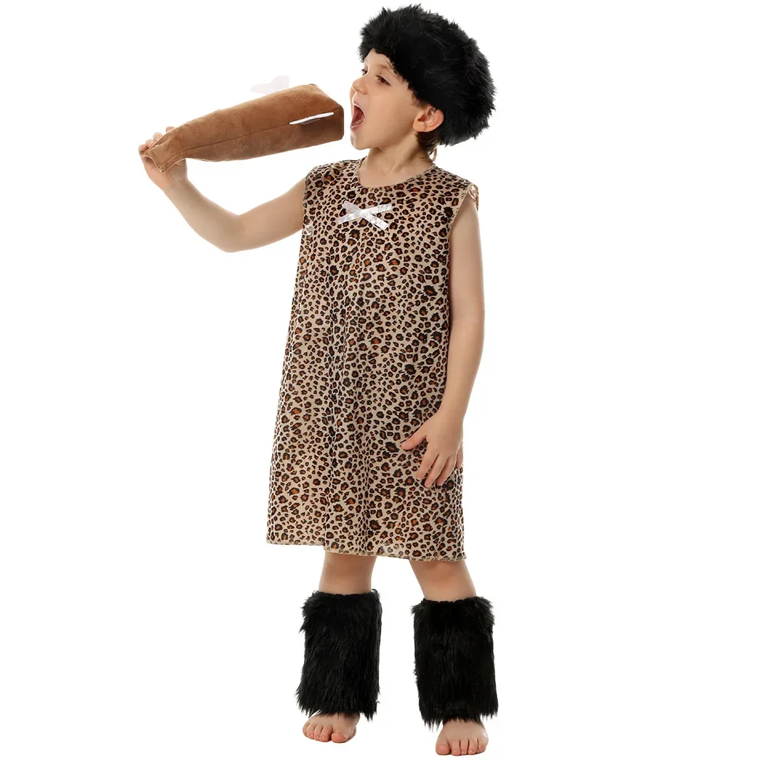 Disfraz de Halloween para niños, juego de rol con estampado de leopardo, disfraz de peluca, disfraz de Cosplay salvaje para niños, ropa de fantasía de escenario primitivo