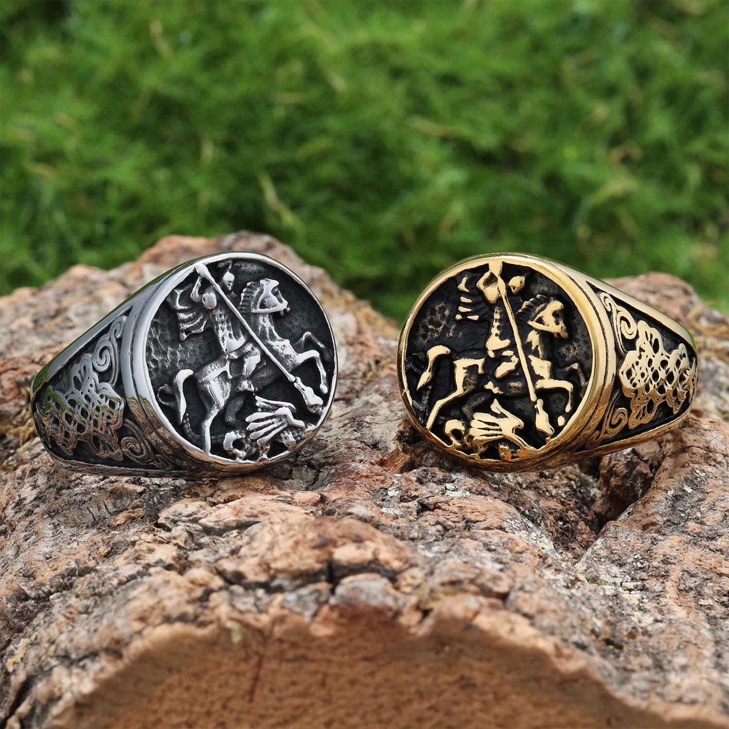 Antique St George Dragon Sovereign Viking Rings Saint George Religious knight Stainless Steel Mens Signet Ring For Men