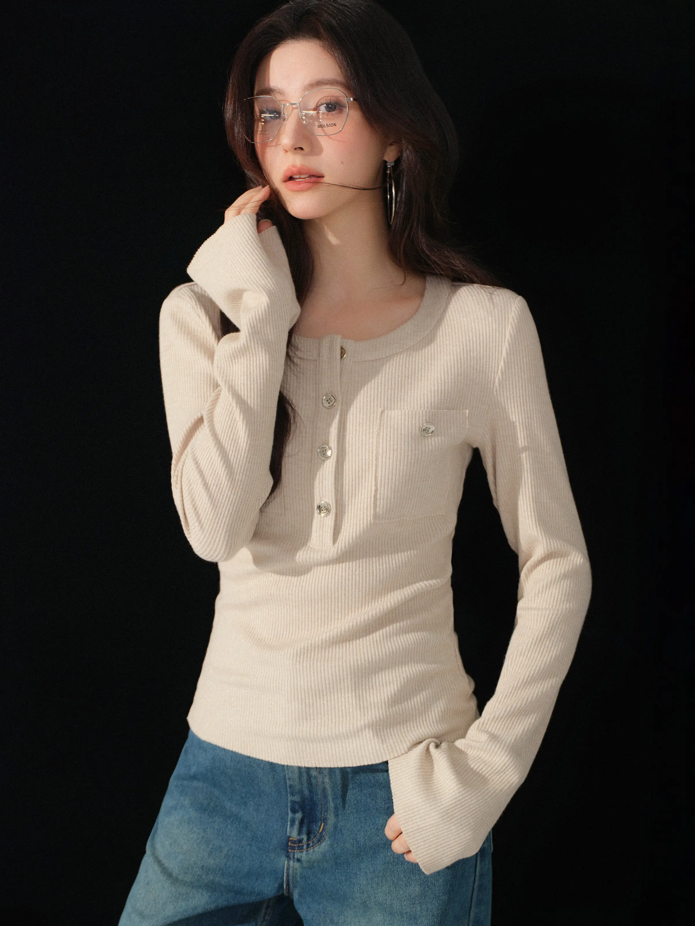 Women Crew Neck Stretch Ribbed Knit Top Lady Spring Casual Slim Fit Blouse Elegant Versatile Elastic T Shirt Daily Office Wear