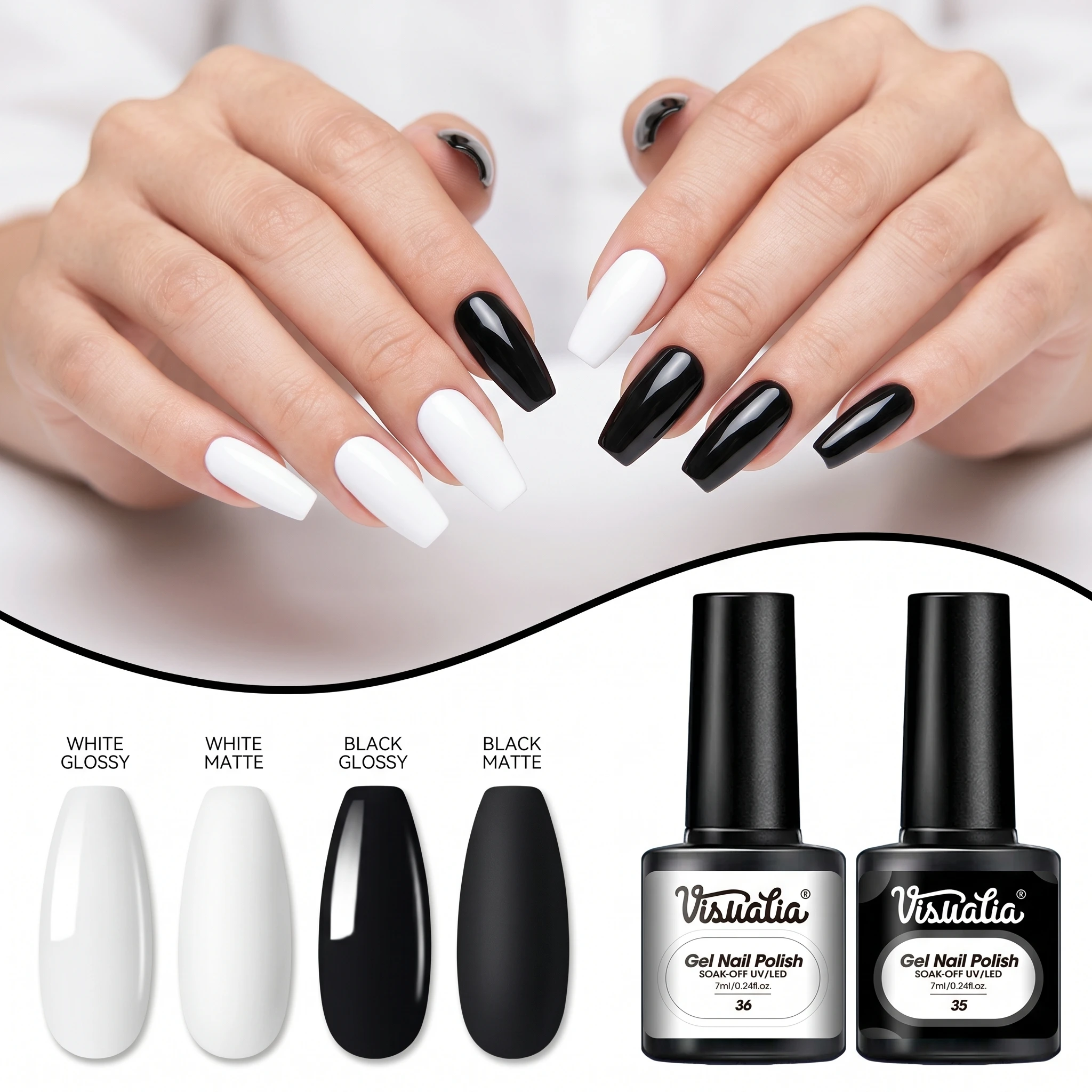Esmalte gel clássico preto e branco, adequado para unhas das mãos e dos pés, curado com UV/LED. Cria arte vibrante para unhas