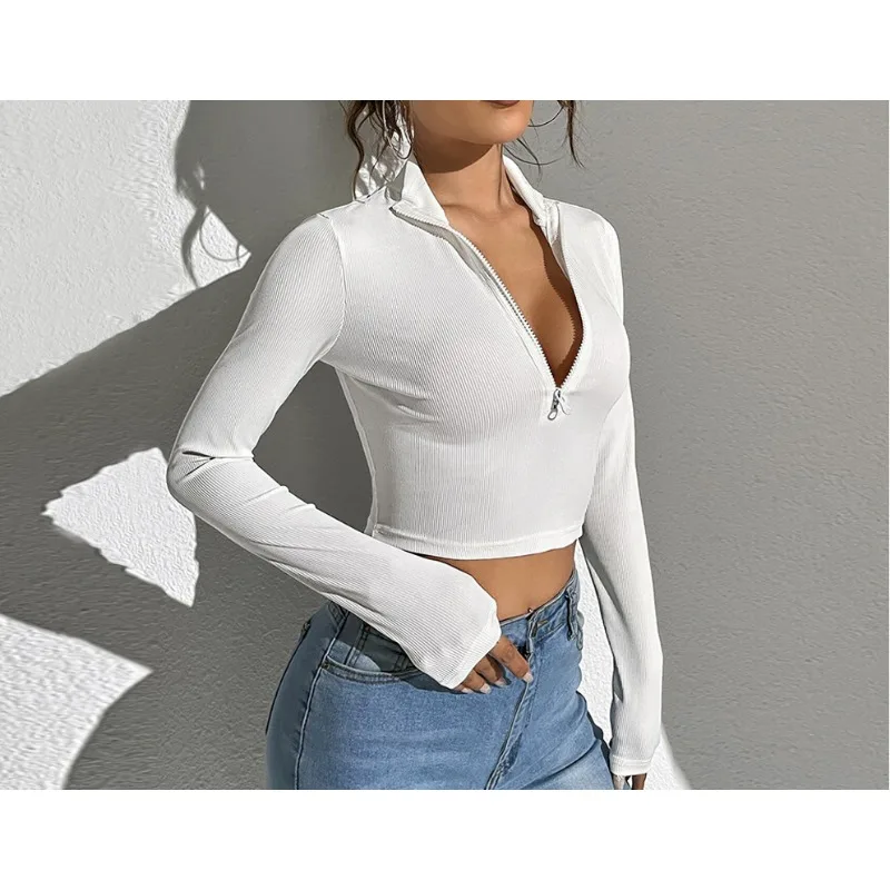 Camiseta de punto minimalista para mujer, Top ajustado, cuello levantado, chica picante, nueva moda