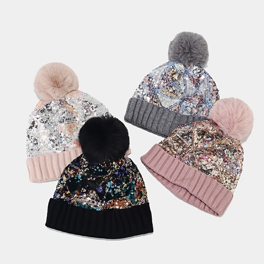 Colorful sequin knitted hat for women in autumn and winter, versatile on the streets, thickened warm fur ball, ear protection, a