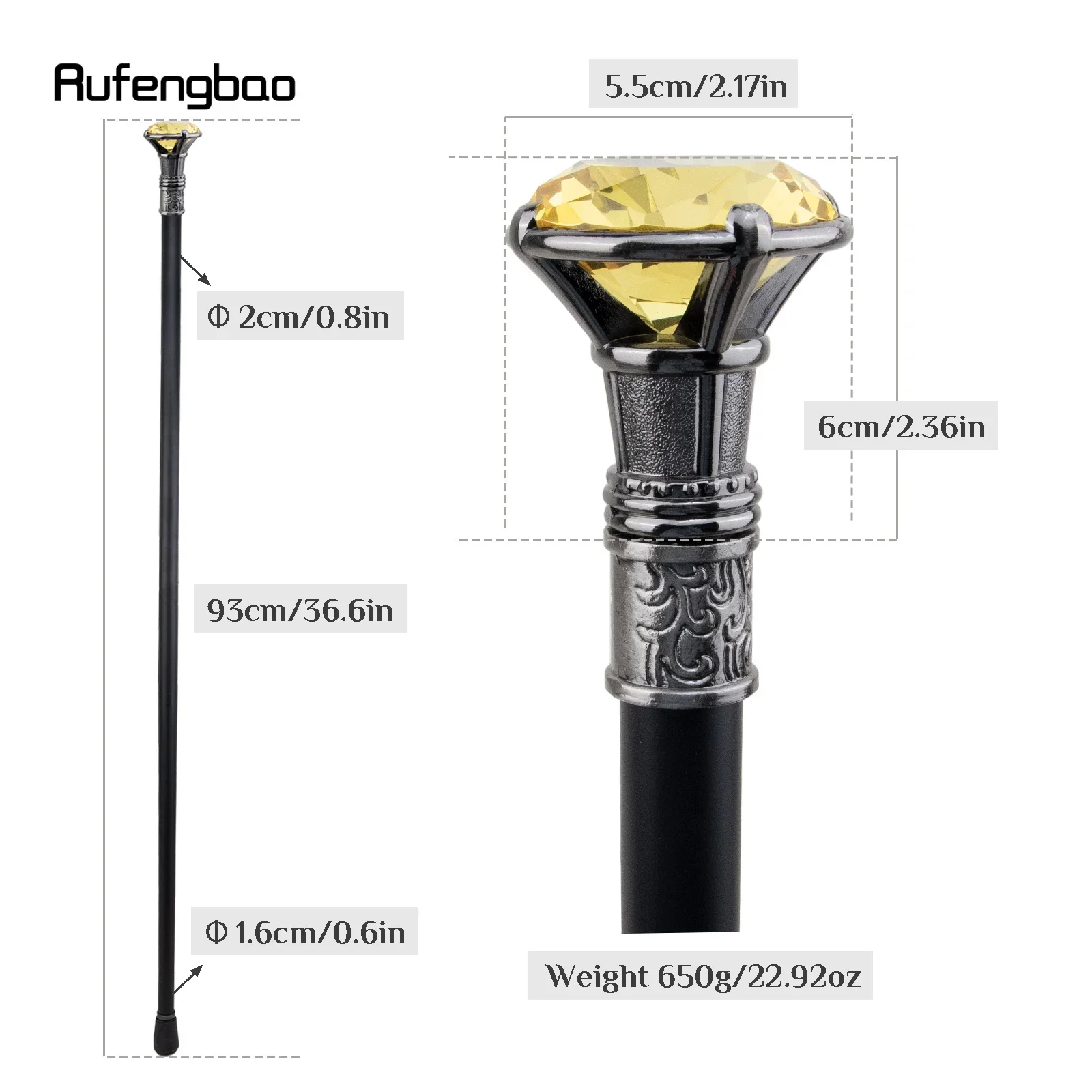 Yellow Diamond Type Silver Single Joint Walking Stick Decorative Cospaly Party Fashionable Walking Cane Halloween Crosier 93cm