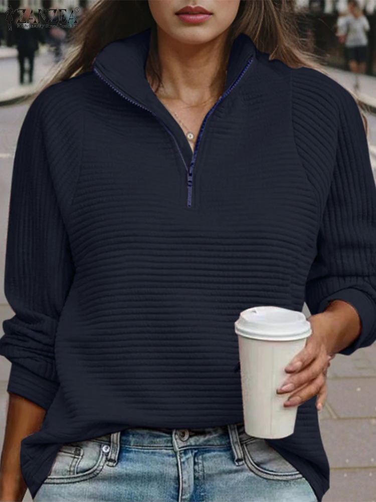 

Fashion Women Long Sleeve Zipper Hoodies ZANZEA Autumn Winter Sweatshirts Elegant Stand Neck Work Pullovers Streetwear Hoodies