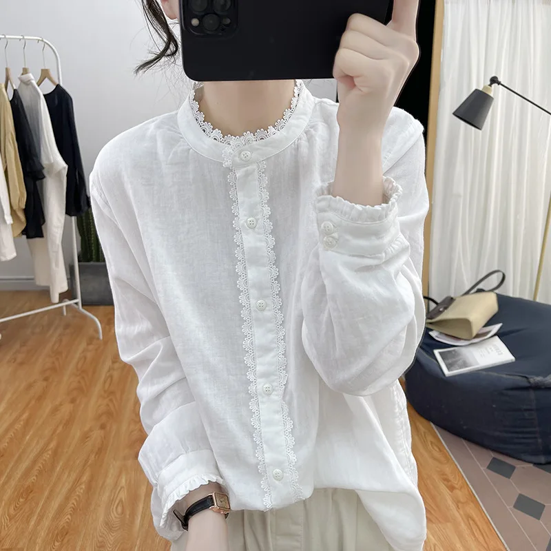 

White Cotton Top Women 2023 Spring Fashion Lace Patchwork O-neck Long Sleeve Button Up Shirt Ladies Casual Cardigan Loose Top