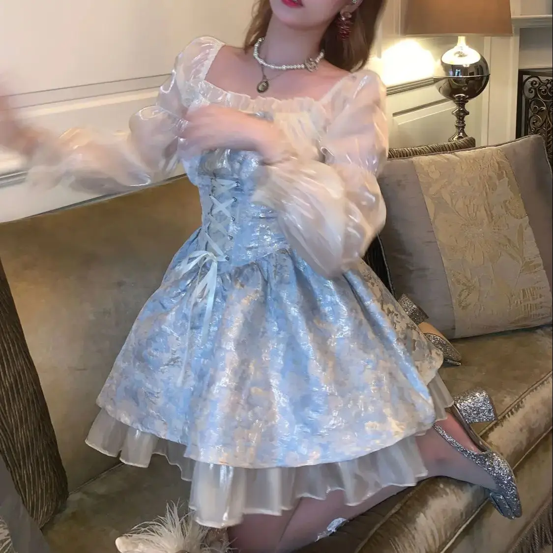 Princess Dress Lolita Puff Sleeve Ribbon Square Neck Bowknot Women Party Y2k Bandage Blue Costumes Japanese Mini Dress