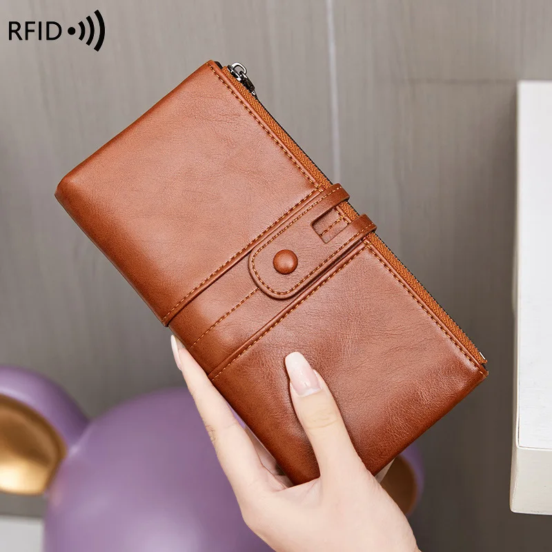 New Fashion Women Purse Leather Long Wallets Zipper Coin Pocket Rfid Blocking Card Holder Organizer Handbag for Ladies