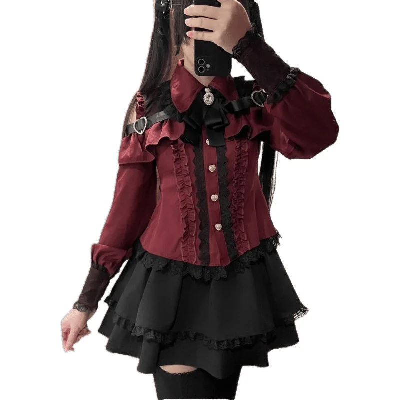 Jirai Kei コスプレ ゴシック ロリータ 恋人 ドレス セット 長袖 ブラウス プリーツ スカート 黒、白、赤 Ver ハロウィン パーティー用