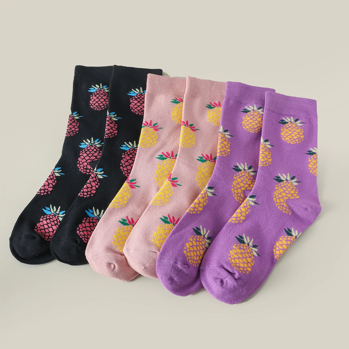 3 Pairs Women\'s Pineapple Pattern Cartoon Funny Socks Comfort Breathable Crew Cotton Socks Lot, Women\'s Stockings & Hosiery