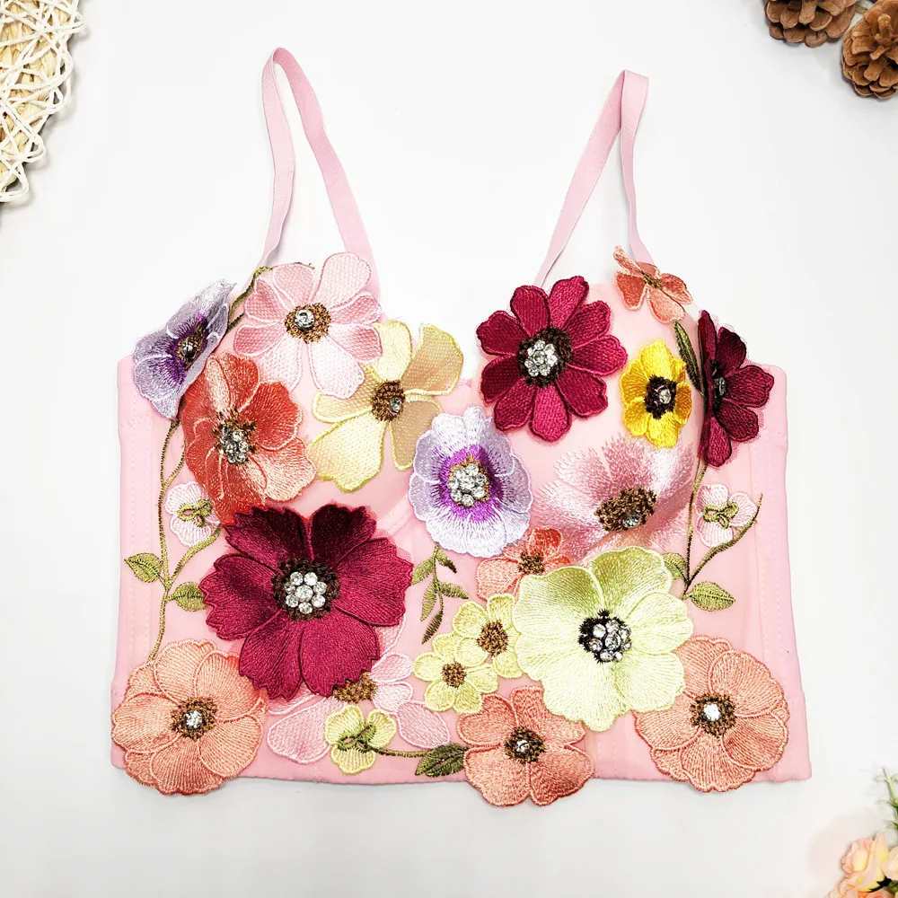 2023 New High Waist Crop Top Flower Trend Applique Floral Suspender Exquisite Wedding Wear Sweet Sexy Girl Top Nail Beading Bra