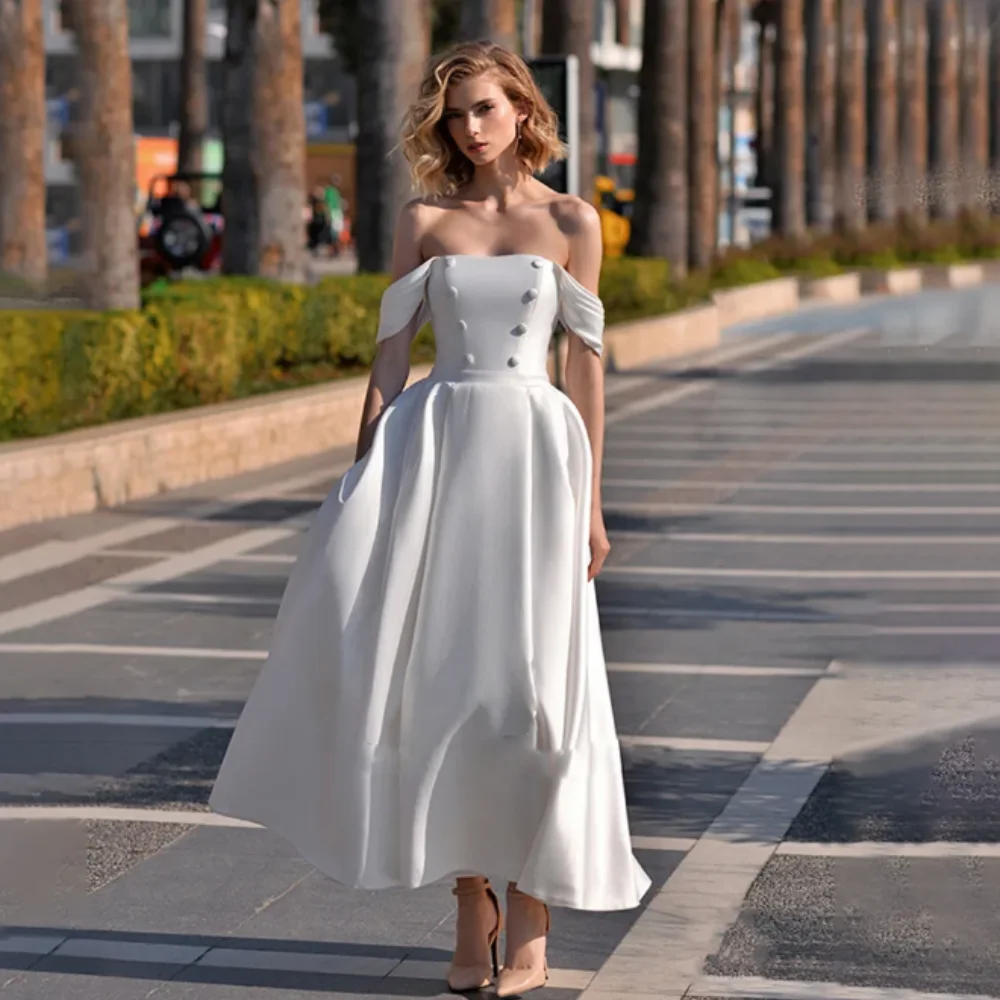 

Simple Satin Wedding Dresses 2024 New Off Shoulder Sleeveless Boat Neck A-Line Elegant Buttons Lace Up Back Vestidos De Novia