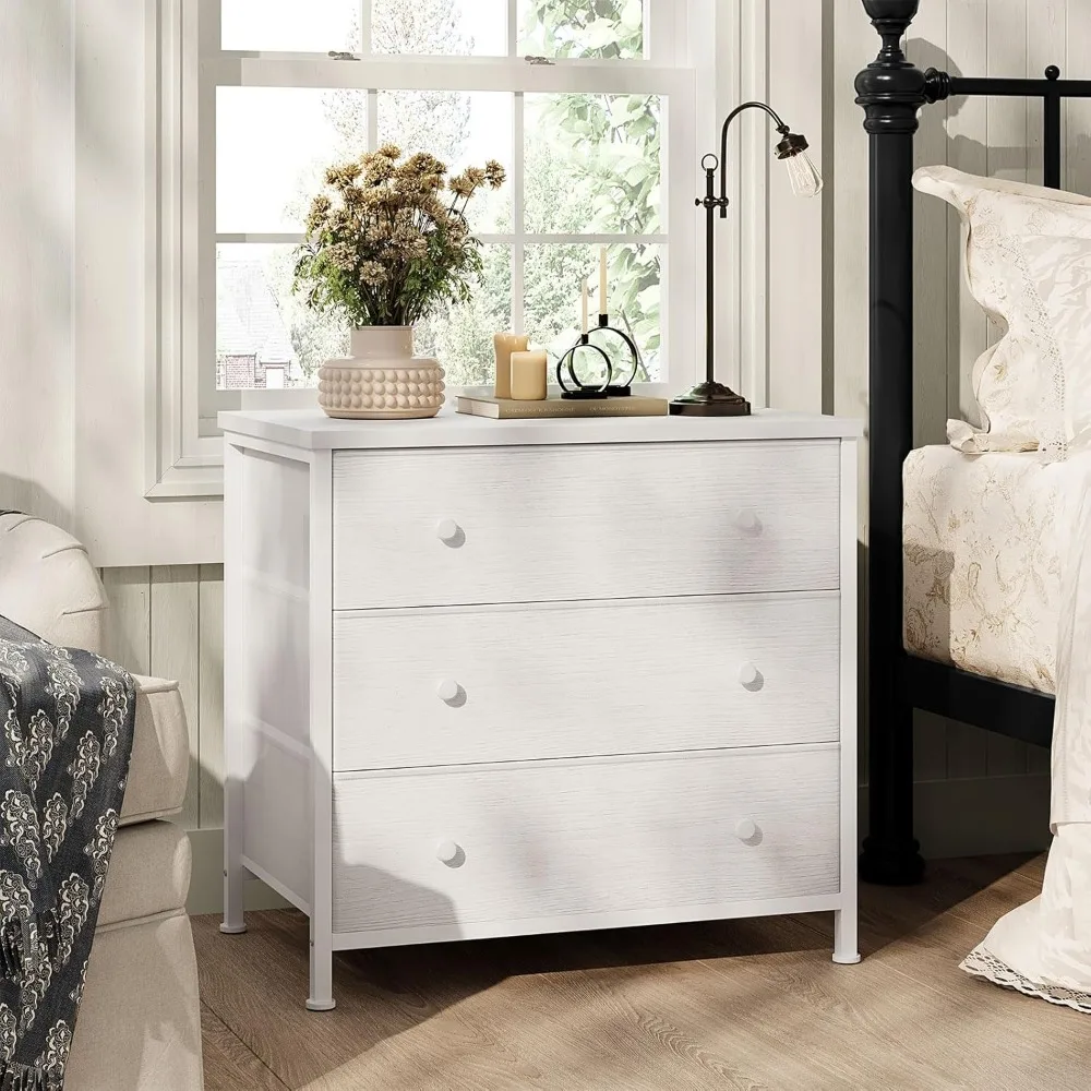 

White Nightstand with Fabric Drawers, Large Night Stand 3 Drawer Dresser for Bedroom, Closet, Girls Modern
