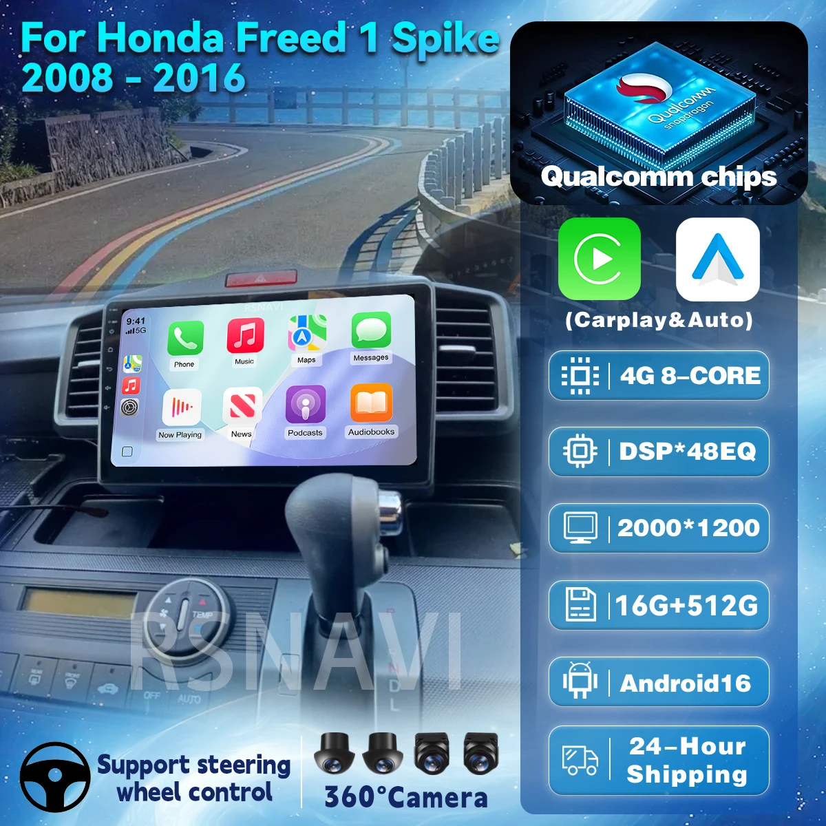 Android 16 Carplay AUTO BT Car Radio For Honda Freed 1 Spike 2008 - 2016 Navigation GPS Video Player Stereo Qualcomm DSP wifi+4G