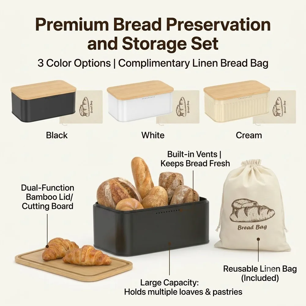 Bread Box Metal Bread Storage Container with Bamboo Cutting Board Lid and Storage Bag Kitchen Ventilated Fresh Keeping Bread Bin