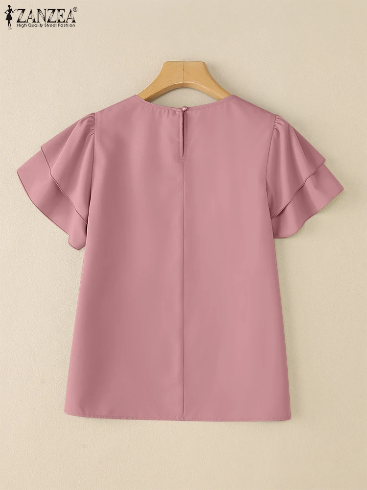 ZANZEA Ritaglio O-Collo Pendolarismo Camicette Moda Donna Elegante Abbigliamento da giorno Top Arco Dettaglio Venduto Colore Ruffles Manica Blusas Mujer