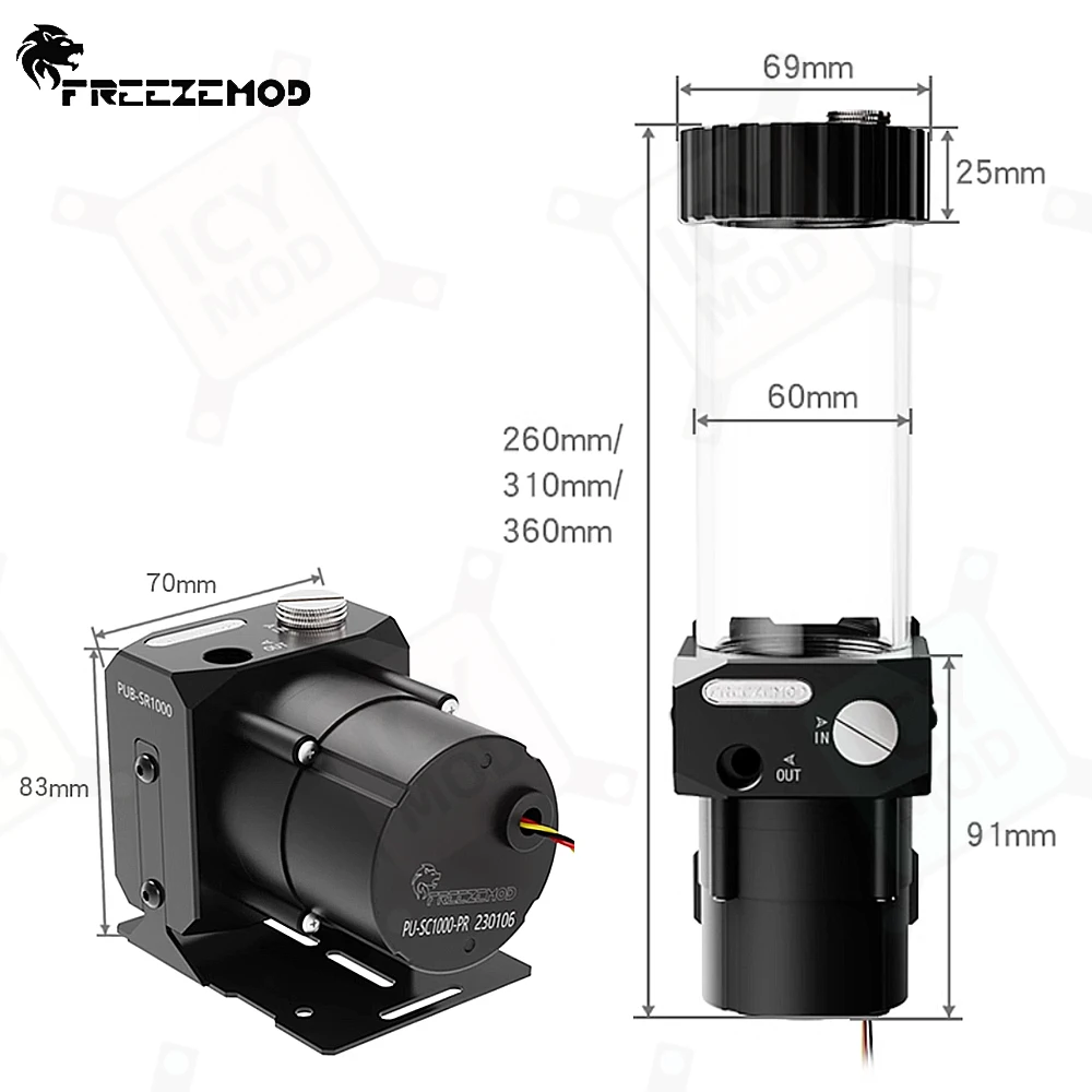 FREEZEMOD Цельный насос Резервуар для воды Водяное охлаждение Резервуар AIO OD 60 мм 12 В/24 В 260 мм/310 мм/360 мм Акриловая коробка ПК MOD PUB-SR1000