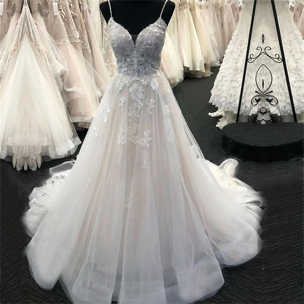 

Customized ZJ9228 Modest Beach Soft Tulle Spaghetti Strap Wedding Dresses 2026 Lace Appliques A-Line V Neck Bridal Gown