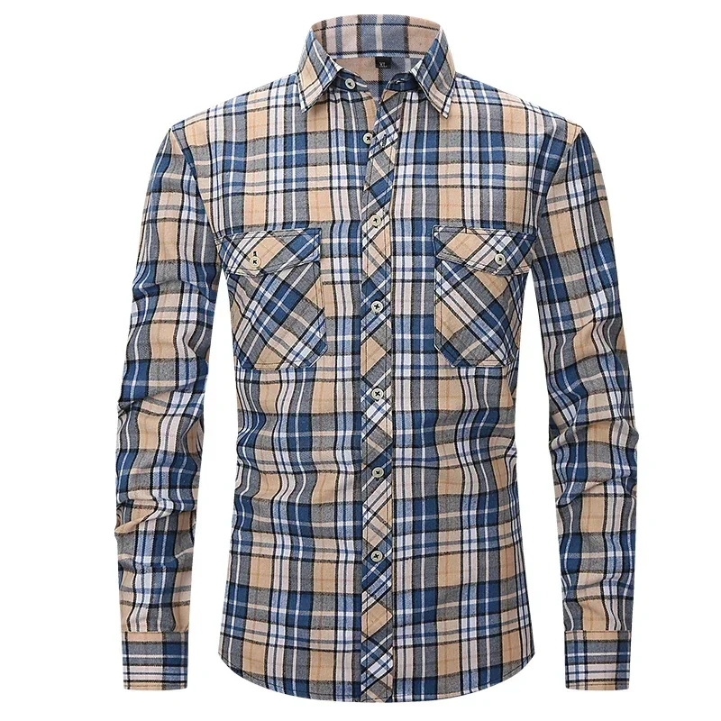 

2025 Two Pocket Flannel Shirt Long-Sleeved Chest Men Casual Plaid Design Printed-Button (USA SIZE S M L XL 2XL)