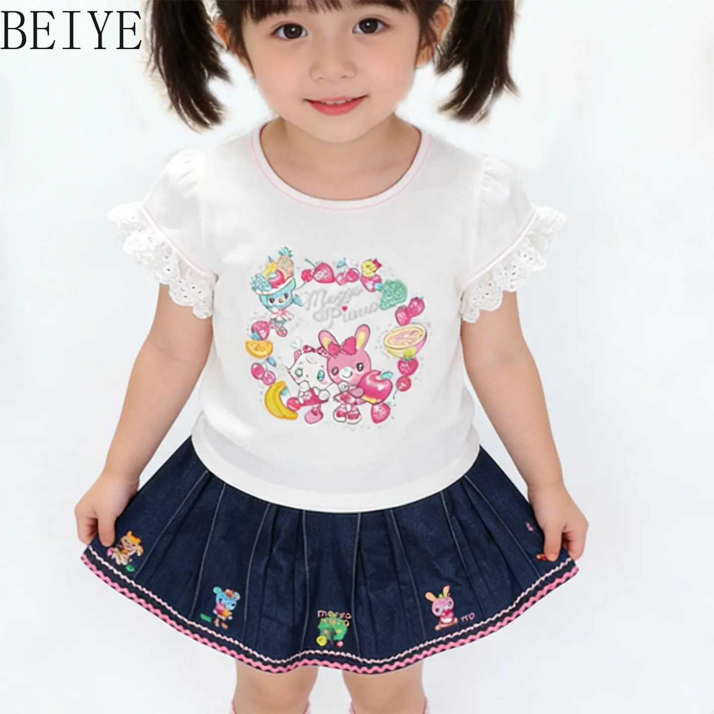Japanese Style Princess Pleated Soft Children's Denim Skirt Kawaii Cartoon Girls' Clothing Kids Pleated Skirts Summer